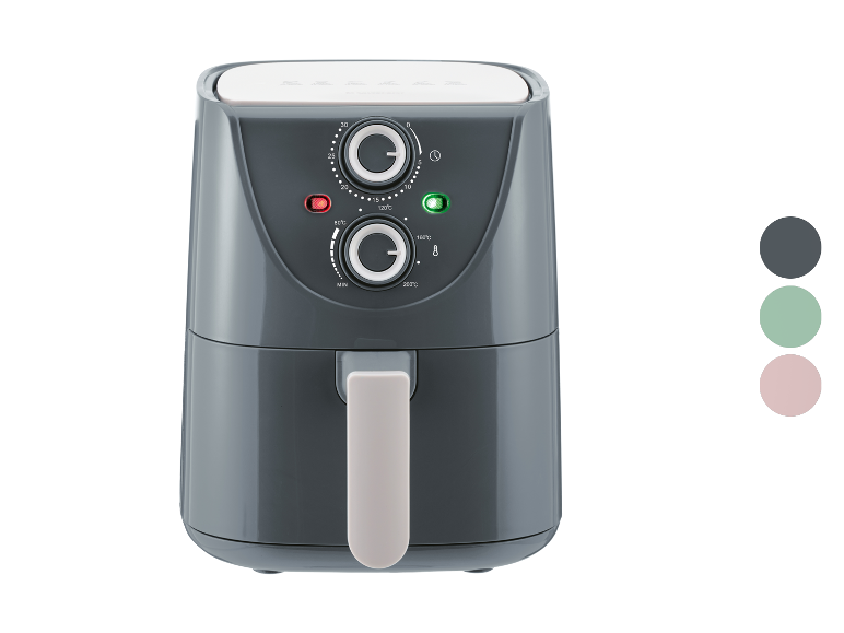 Une friteuse à air grise avec trois options de couleur.