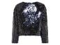 Un pull bleu foncé à paillettes à manches longues.