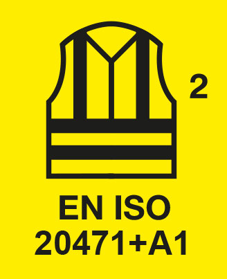 Étiquette EN ISO 20471+A1, classe 2, pour un gilet haute visibilité.