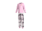 Haut de pyjama rose à manches longues avec motif croissant et pantalon de pyjama à carreaux.