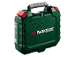 Mallette à outils en plastique vert avec poignée et fermoirs rouges.