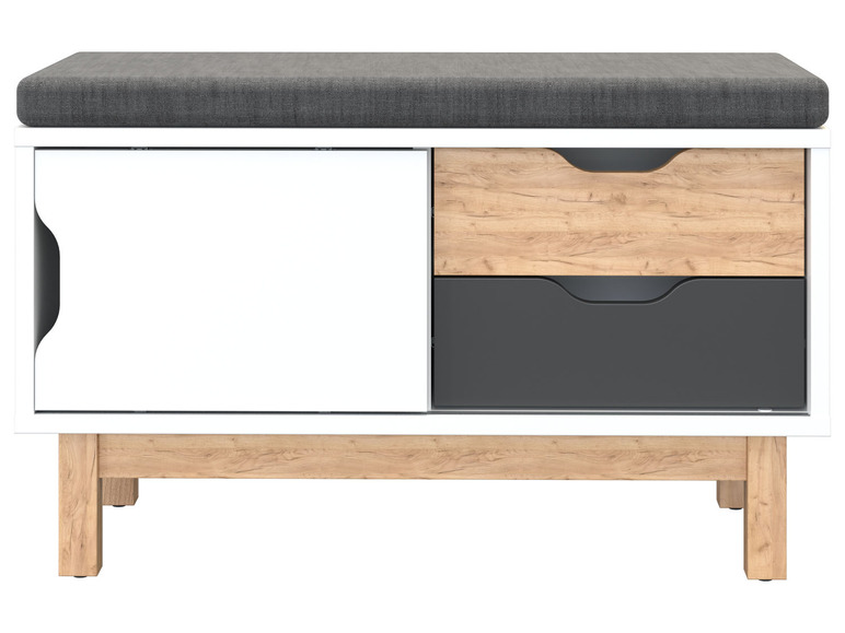 Une armoire à chaussures blanche avec un coussin, une porte coulissante et deux tiroirs.