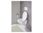 Toilette blanche suspendue avec couvercle et bouton de chasse dans la salle de bain.