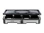 Gril raclette argenté et noir avec surface de cuisson rainurée et plate.