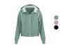 Veste à capuche femme vert clair avec cordon et fermeture éclair blancs, options de couleur.