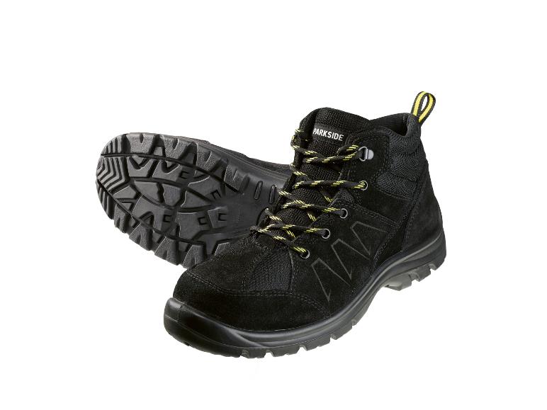 Chaussures de sécurité Parkside en daim noir avec lacets jaune-vert.