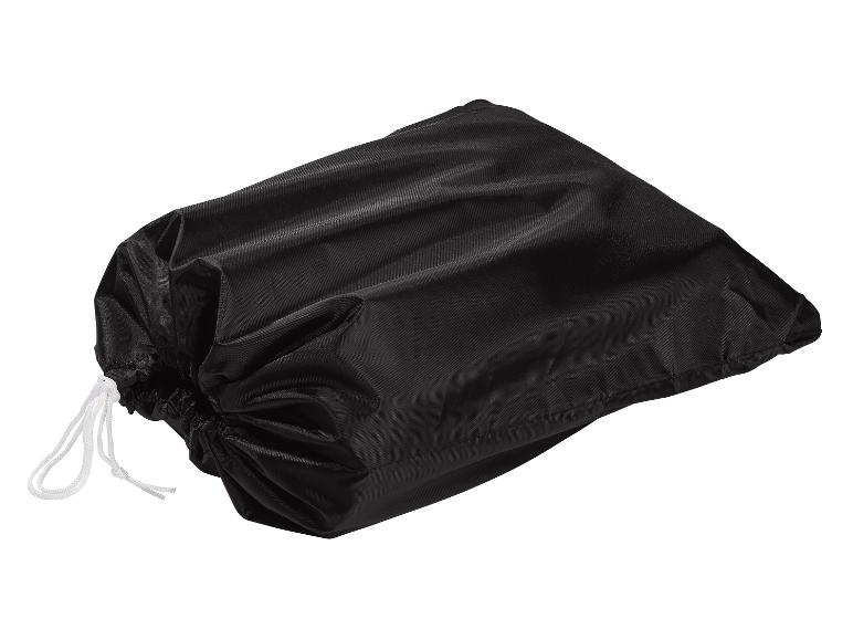 Sac en tissu noir avec cordon de serrage sur fond blanc.