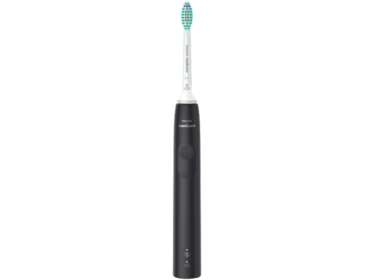 Brosse à dents électrique noire avec une tête de brosse blanche et des poils verts.