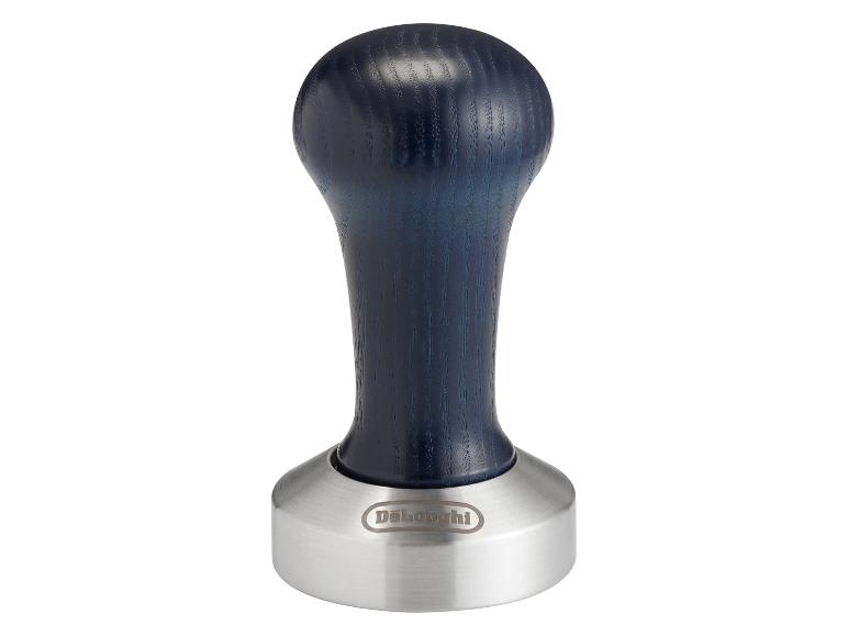 Tasseur à café DeLonghi avec poignée en bois bleu et base en métal.