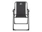 Chaise de camping pliante noire avec dossier et assise en tissu.