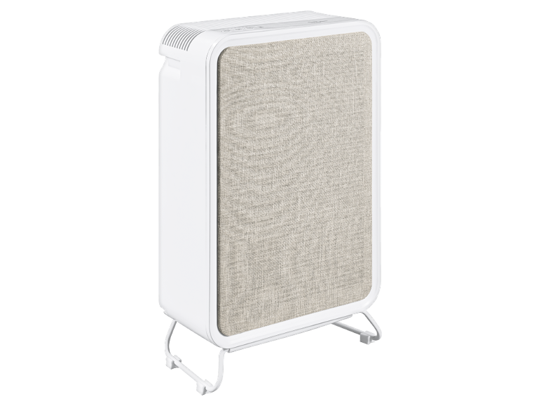 Radiateur électrique blanc avec panneau frontal en tissu gris clair et support.