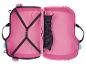 Valise rose à roulettes, ouverte, montrant l'intérieur et les sangles.