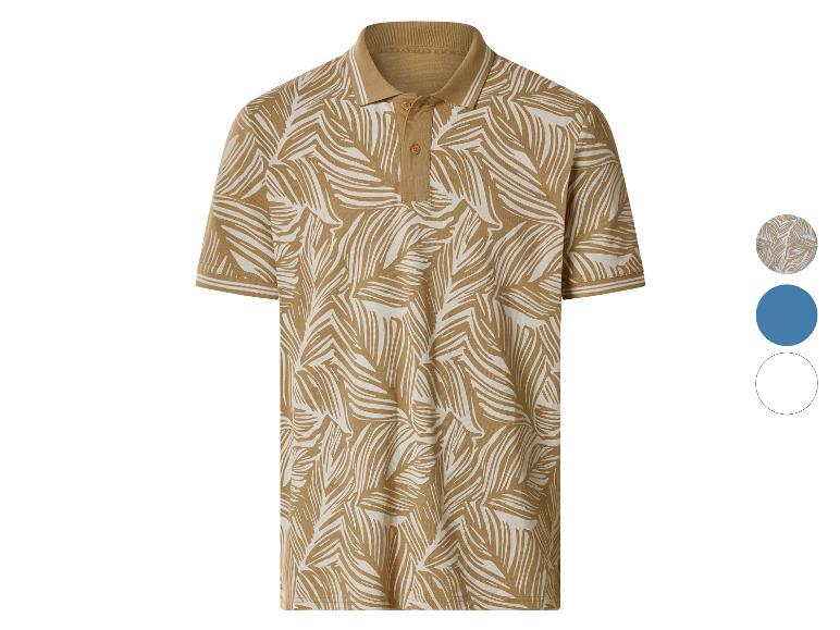 Polo à manches courtes avec motif de feuilles tropicales beige et blanc.
