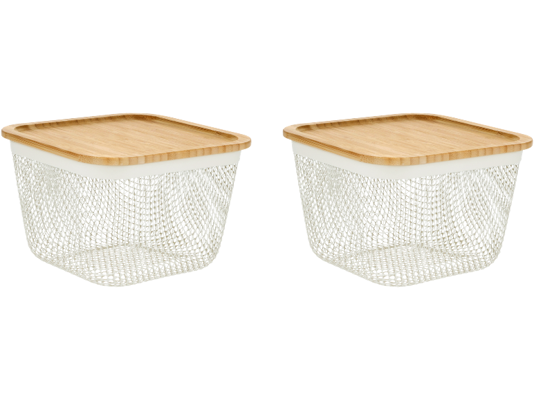 Deux paniers en fil de fer blanc avec couvercles en bois