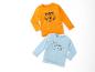 Deux t-shirts à manches longues pour enfants : un orange avec un tigre et un bleu avec un crocodile.