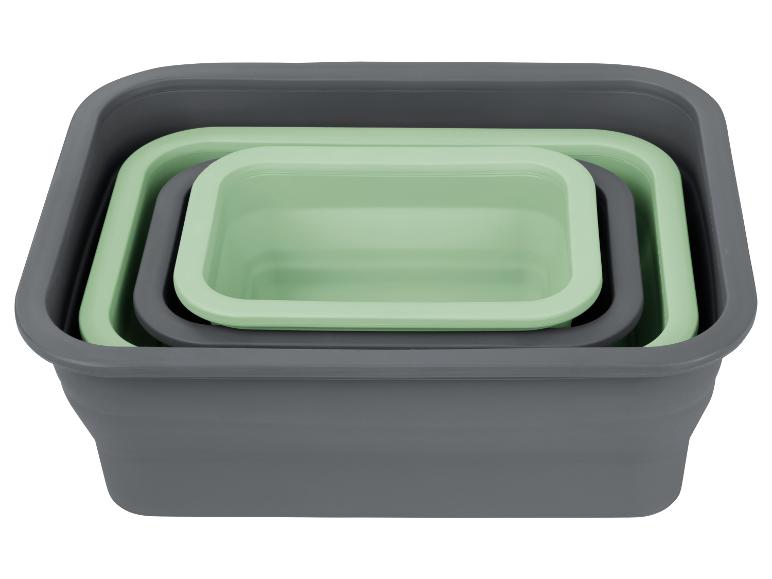 Ensemble de bacs pliables gris et vert pâle : idéal pour le rangement ou la cuisine.