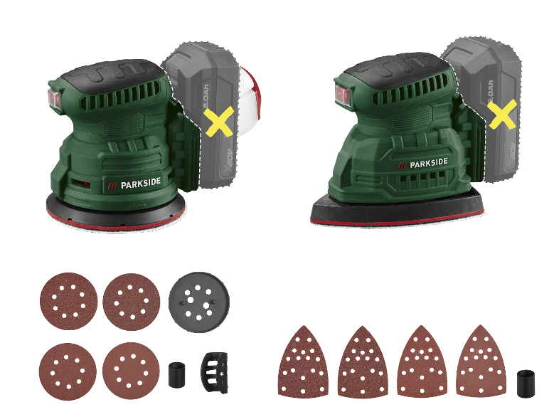 Deux ponceuses orbitales sans fil avec divers patins de ponçage et accessoires.