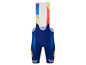 Un cuissard de cyclisme bleu avec bretelles Santini avec le logo de Trek et Lidl.