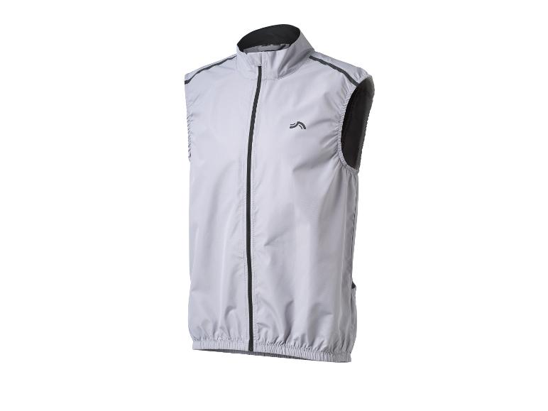 Gilet de course gris sans manches avec fermeture éclair et détails noirs.