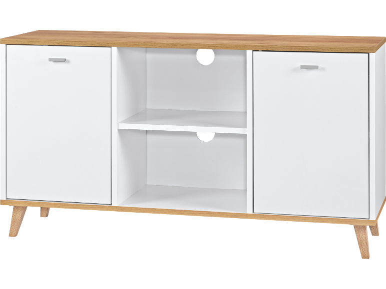 Meuble TV blanc et marron clair avec deux placards et des étagères ouvertes