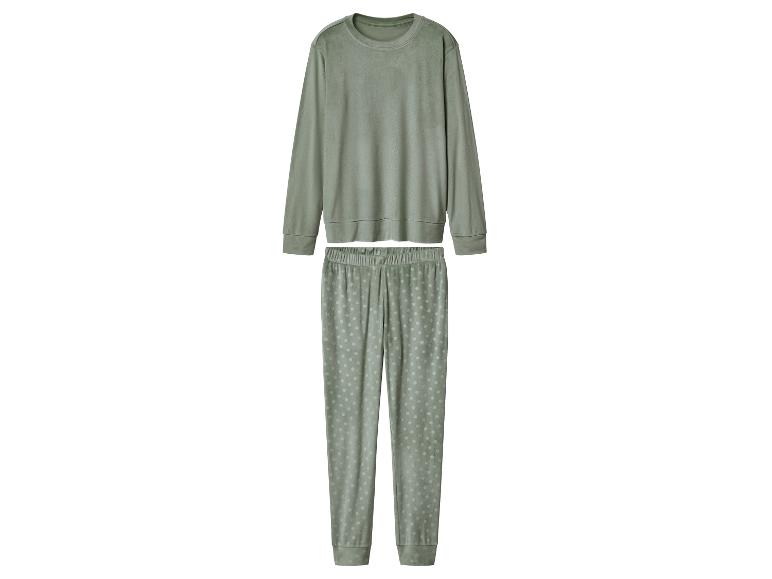 Pyjama vert deux pièces avec un sweat-shirt uni et un pantalon à pois.