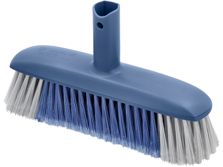 Brosse de sol bleue avec poils blancs et bleus, avec fixation pour manche.