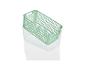 Un panier de rangement vert avec une boîte de rangement transparente en dessous.