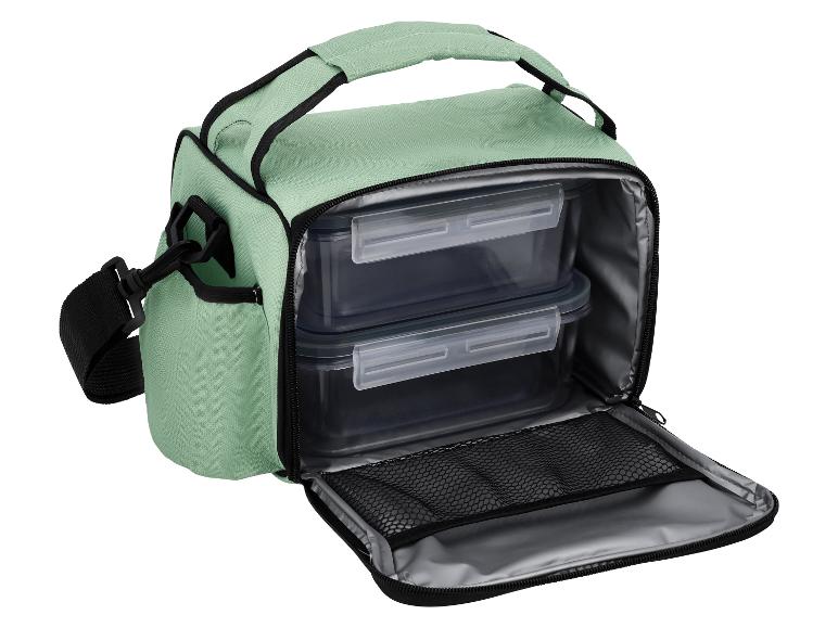 Sac repas vert clair avec deux récipients alimentaires transparents et une bandoulière