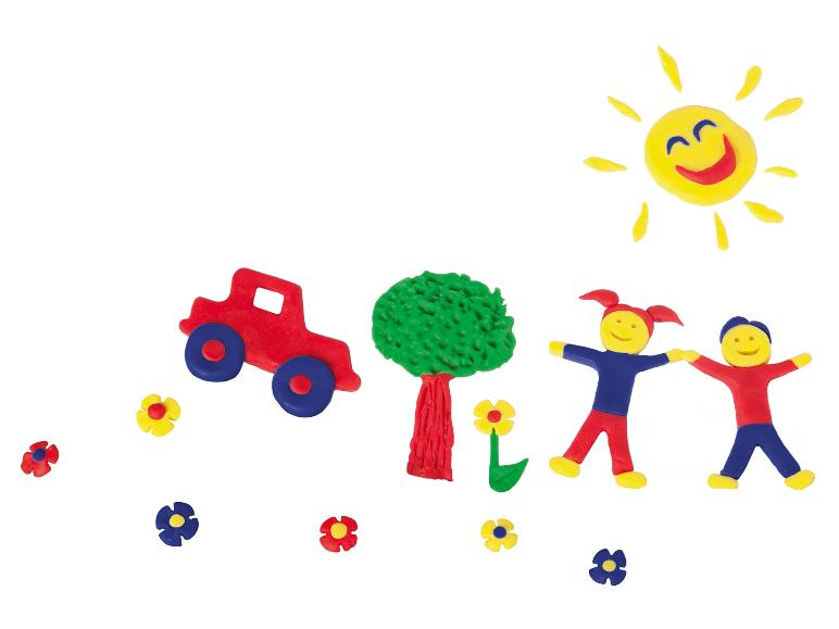 Des personnages et un camion en pâte à modeler, avec un soleil et des fleurs.
