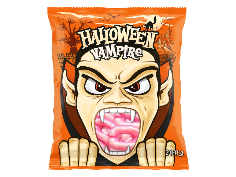 Sachet de bonbons vampire d'Halloween avec des friandises roses, 200g.