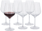 Lot de six verres à vin, dont un est rempli de vin rouge.