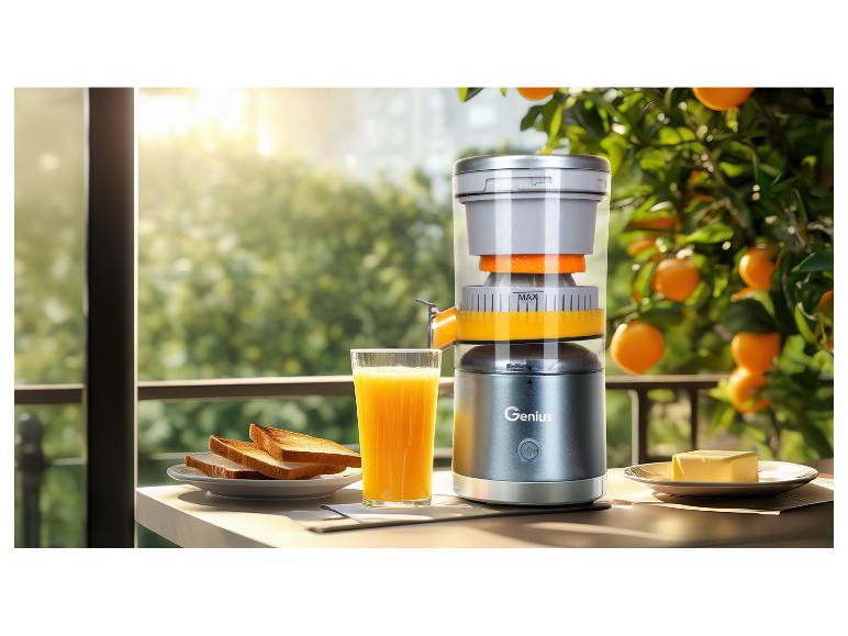 Presse-agrumes Genius, verre de jus d'orange et toasts sur un balcon.