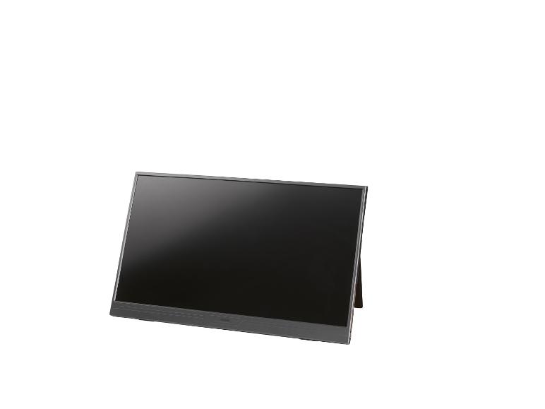 Moniteur portable noir avec écran sombre, posé sur un support.