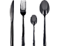 Ménagère noire comprenant un couteau, une fourchette, une petite et une grande cuillère sur fond noir.