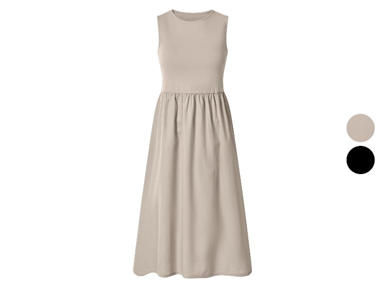 Robe sans manches beige pour femme avec jupe froncée, également disponible en noir.