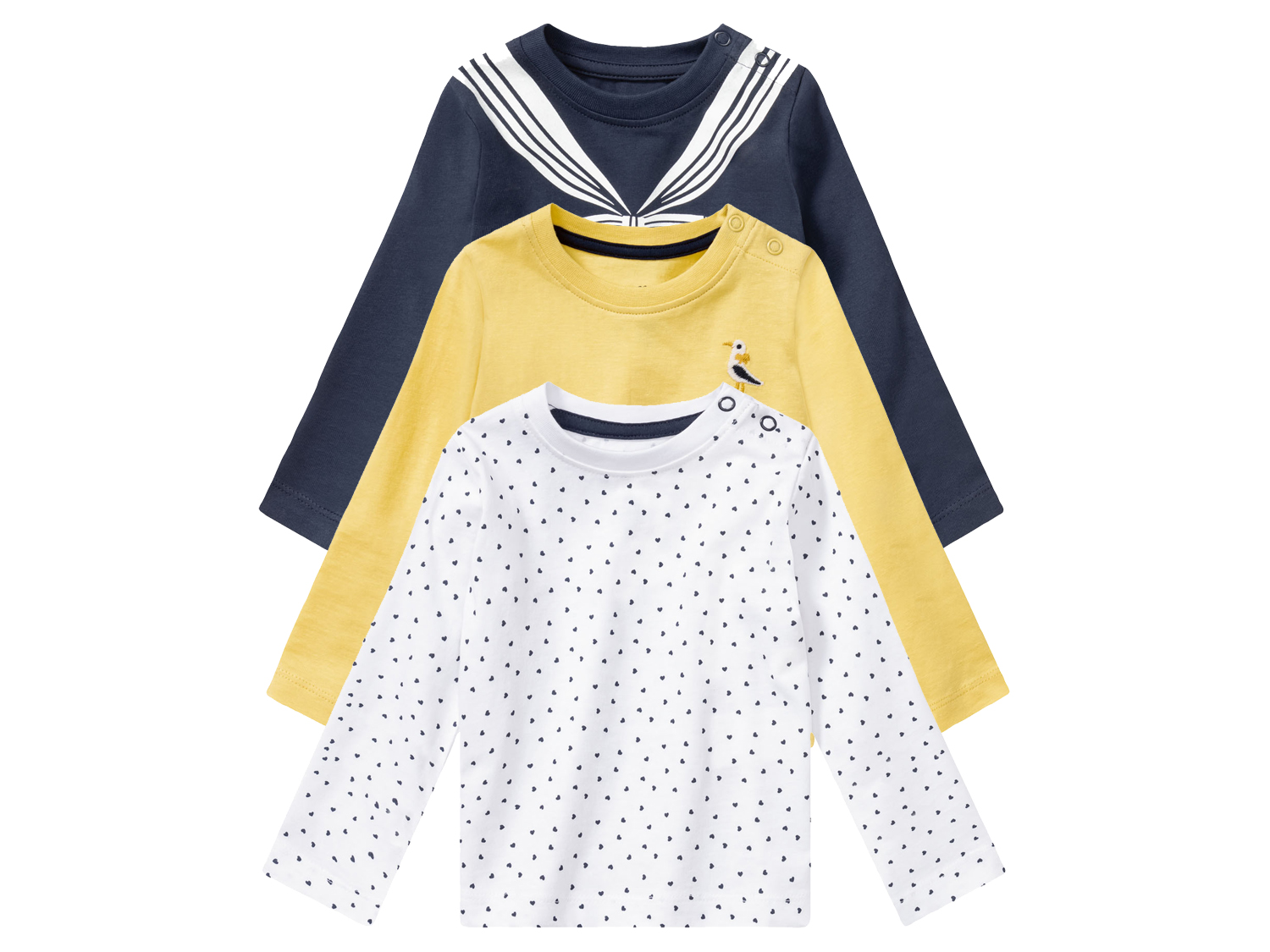 lupilu® Lot de 3 t-shirts manches longues bébé (50/56, blanc/jaune/bleu marine)