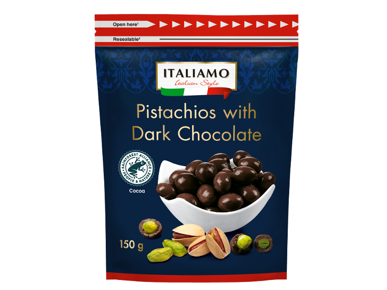 Pistaches au chocolat noir dans une pochette refermable, 150g.