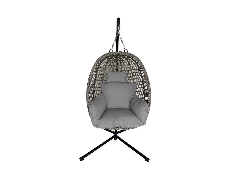 Chaise suspendue en rotin avec coussin gris et support noir