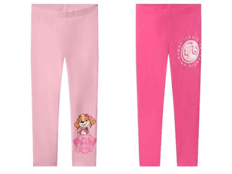 Deux leggings pour enfants, un rose clair avec Skye de Pat' Patrouille et un rose foncé avec un logo Barbie.