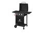 Barbecue au gaz noir avec logo Grillmeister et trois boutons.