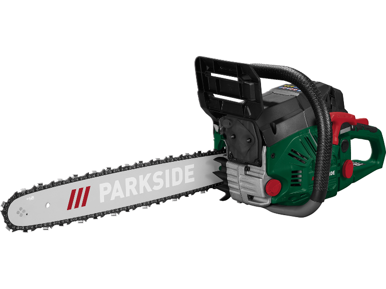 Tronçonneuse électrique Parkside verte et noire avec une lame grise.