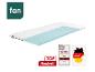Surmatelas fan avec couche de mousse bleue, récompenses et inscription « Made in Germany ».