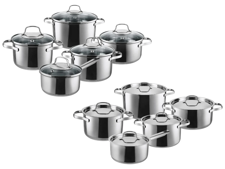 SILVERCREST® Topfset Edelstahl 5-tlg. – Deux ensembles de cinq casseroles et poêles brillantes en acier inoxydable.