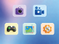 Icônes d'applications : appareil photo, vidéo, manette de jeu, photos et paramètres.