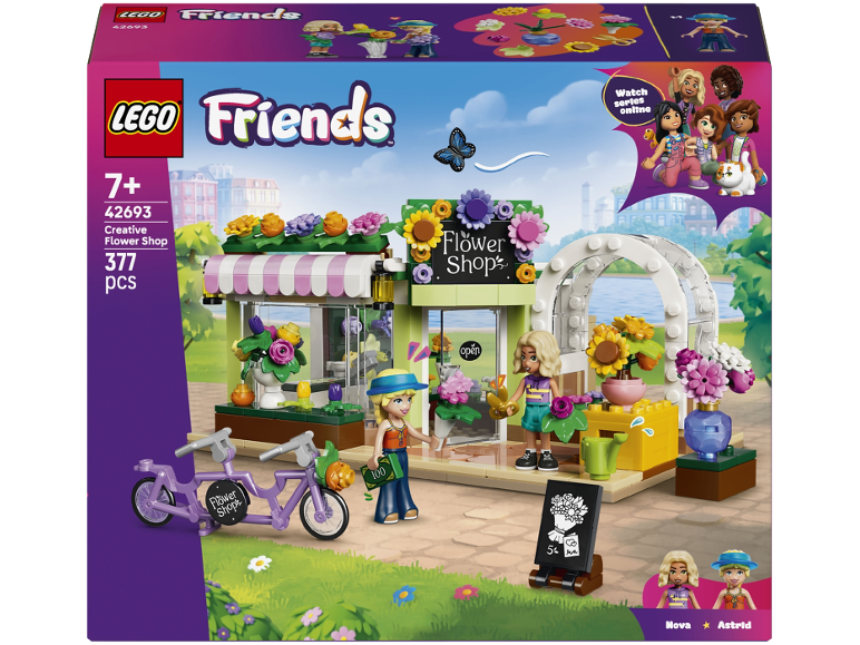 Ensemble de magasin de fleurs jouet avec deux figurines, un vélo et 377 pièces pour les enfants de 7 ans et plus.