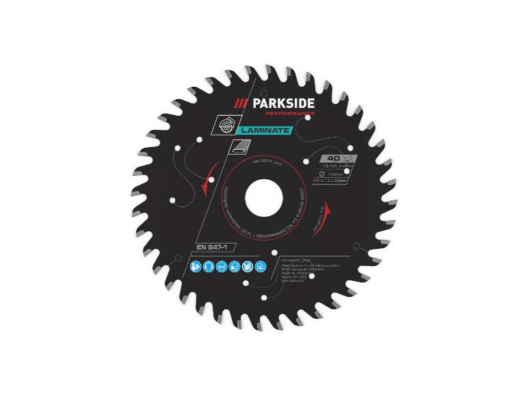 Une lame de scie circulaire Parkside Performance pour stratifié, affichant les spécifications et les icônes de sécurité.