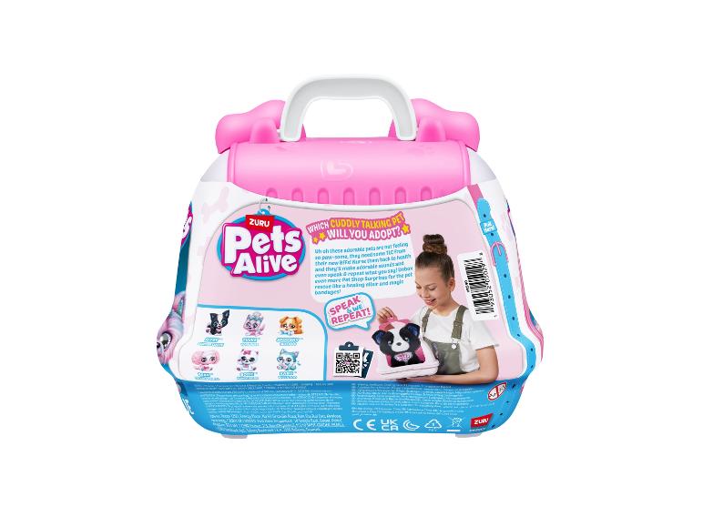 Emballage rose du jouet Pets Alive, avec une fille tenant un chiot et divers animaux en peluche.