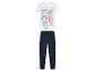 Pyjama avec un imprimé de la Schtroumpfette sur un t-shirt blanc et un pantalon bleu marine.