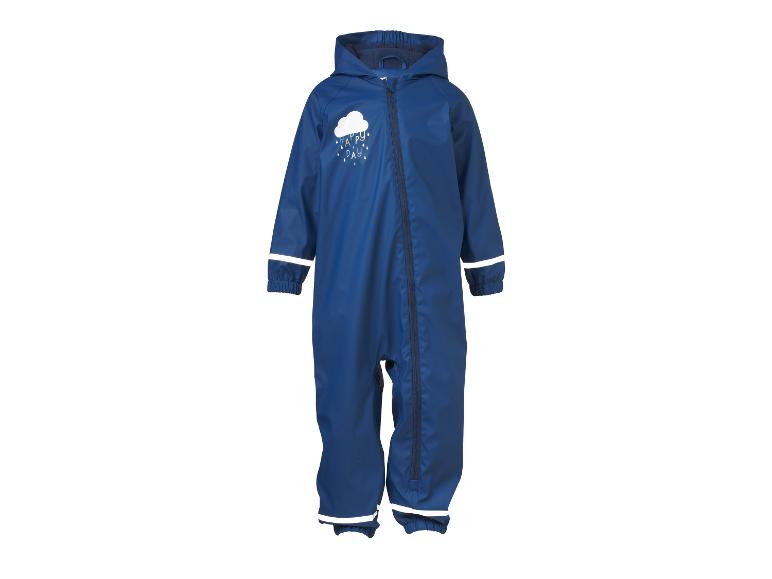 Combinaison de pluie bleue pour enfant avec capuche et motif nuage avec le texte 'HAPPY DAY'.