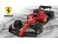 Voiture de course rouge sur la piste avec logo et sponsors visibles.